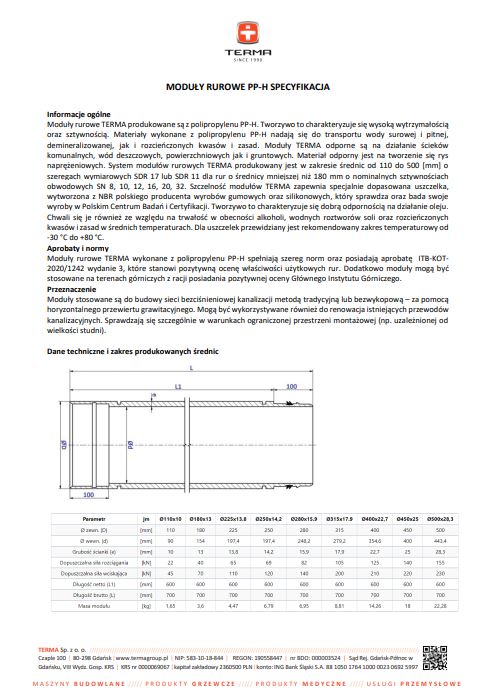 moduły rurowe pp-h specyfikacja